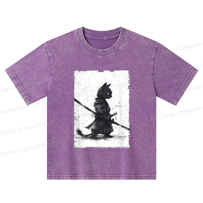 Tokyo-Tiger Retro Cat Samurai Japanese Kids Washed T-Shirt