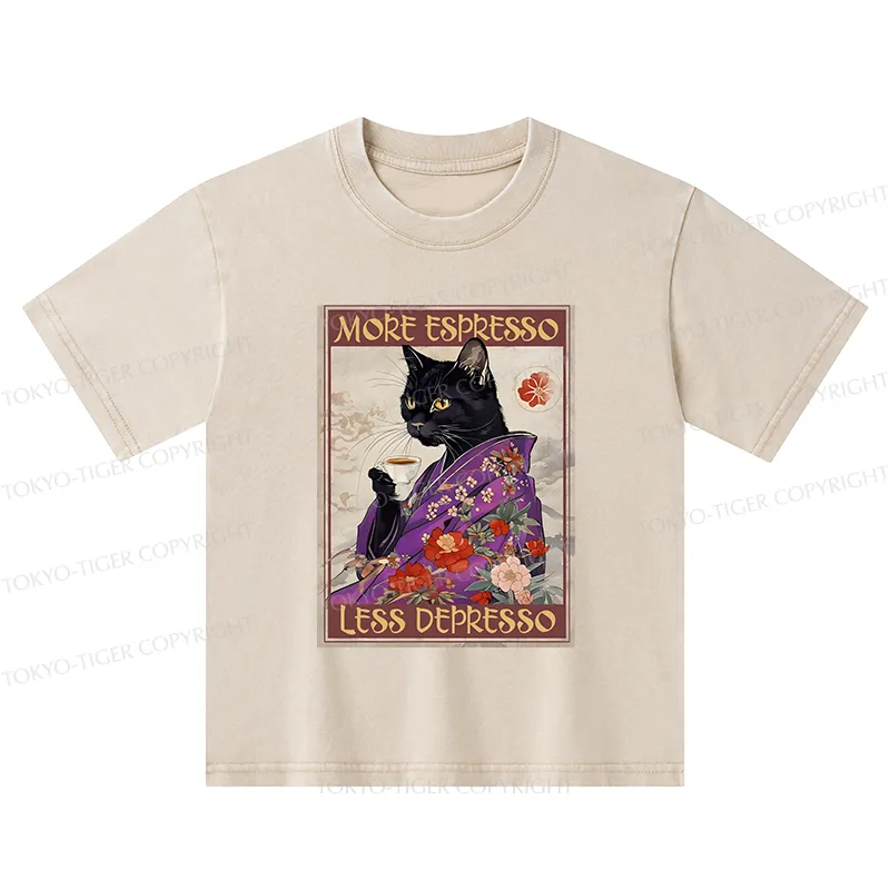 Tokyo-Tiger Japanese Cat Drinking Coffee Kids Washed T-Shirt