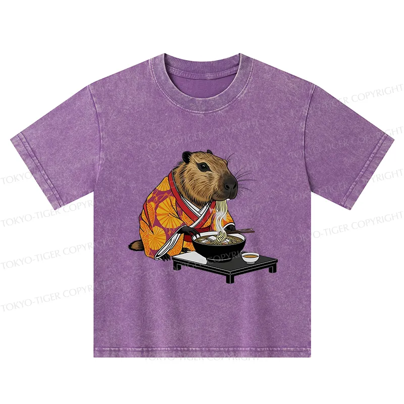 Tokyo-Tiger Cute Capybara Eating Ramen Kids Washed T-Shirt