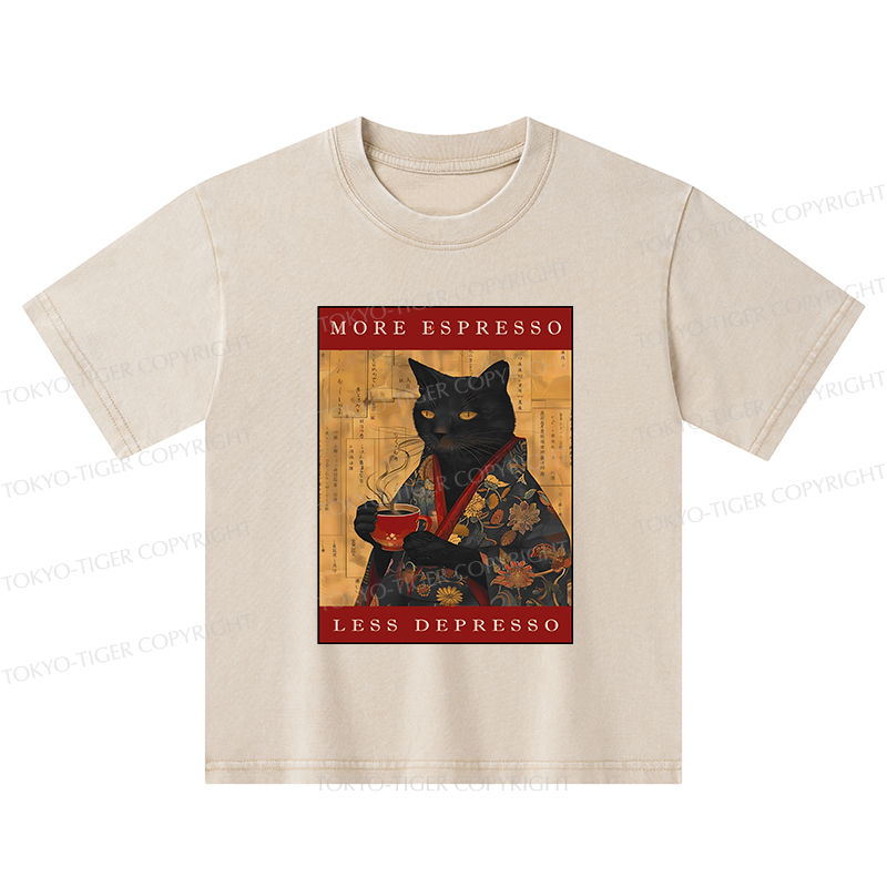 Tokyo-Tiger More Espresso Less Depresso Cat Kids Washed T-Shirt