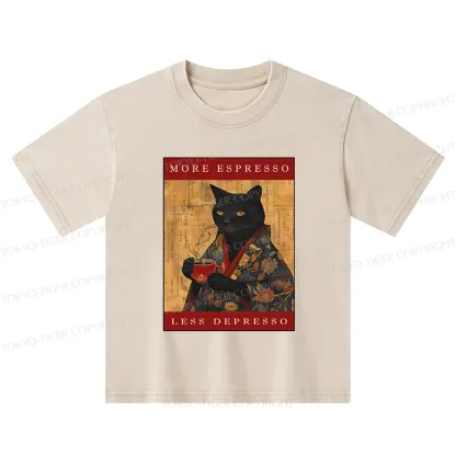 Tokyo-Tiger More Espresso Less Depresso Cat Kids Washed T-Shirt