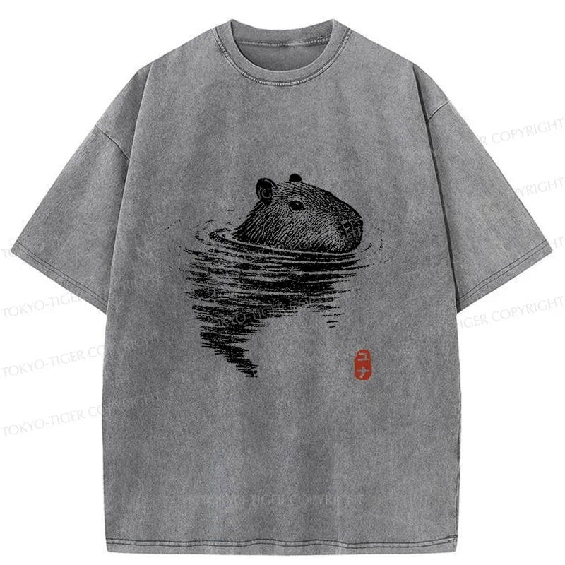 Tokyo-Tiger Swimming Capybara Washed T-Shirt