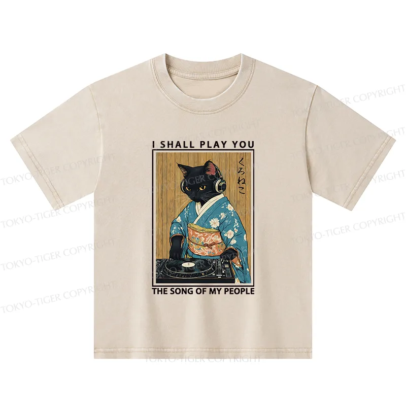 Tokyo-Tiger Funny Playing Music Black Cat Kids Washed T-Shirt
