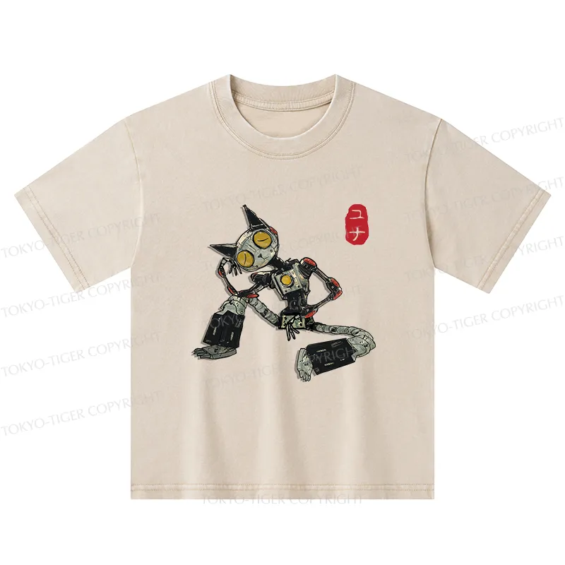 Tokyo-Tiger Contemplative Robot Cat Kids Washed T-Shirt