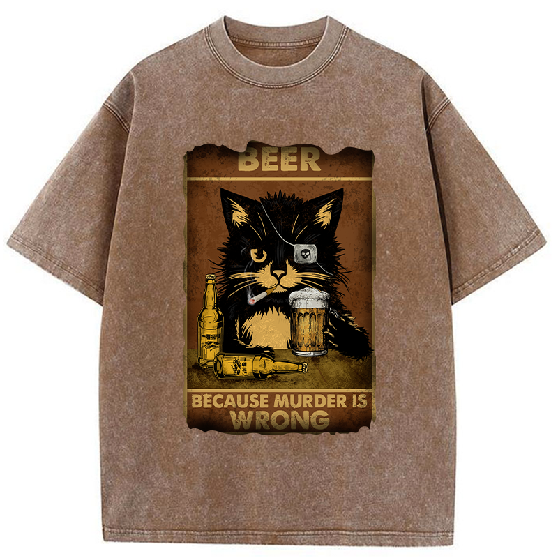 Tokyo-Tiger Black Cat Drinking Beer Washed T-Shirt