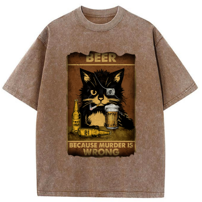 Tokyo-Tiger Black Cat Drinking Beer Washed T-Shirt