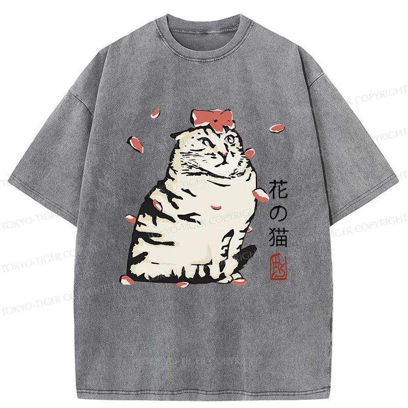 Tokyo-Tiger Cat And Sakura Washed T-Shirt