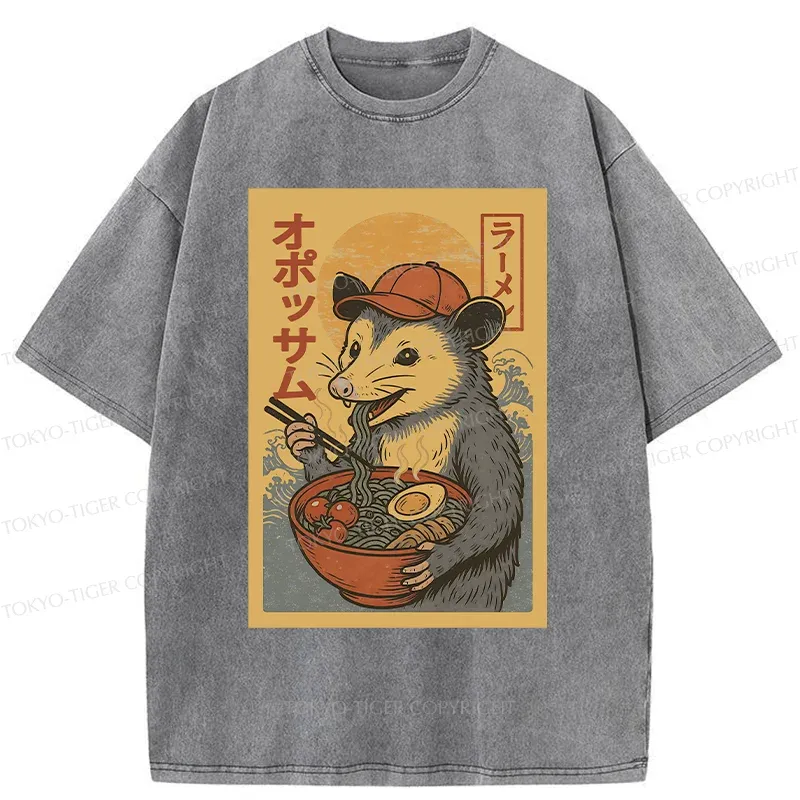 Tokyo-Tiger Opossum Eat Ramen Washed T-Shirt