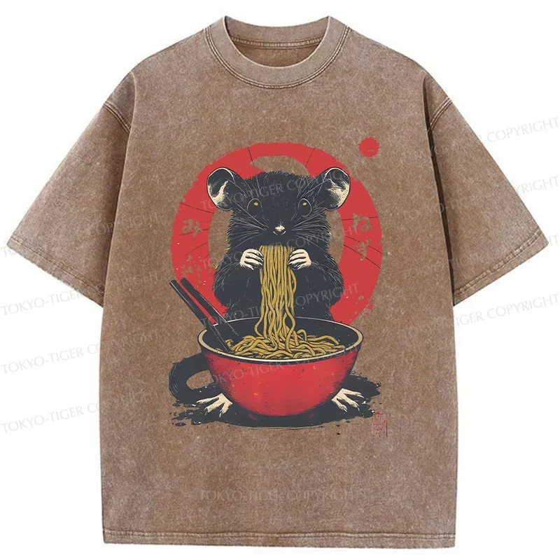 Tokyo-Tiger Mouse Eating Ramen Washed T-Shirt
