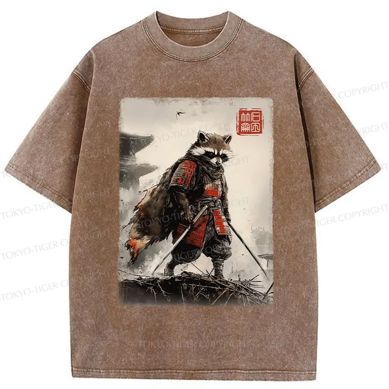 Tokyo-Tiger Retro Raccoon Samurai Washed T-Shirt
