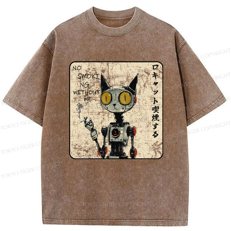 Tokyo-Tiger Smoking Robot Cat Washed T-Shirt