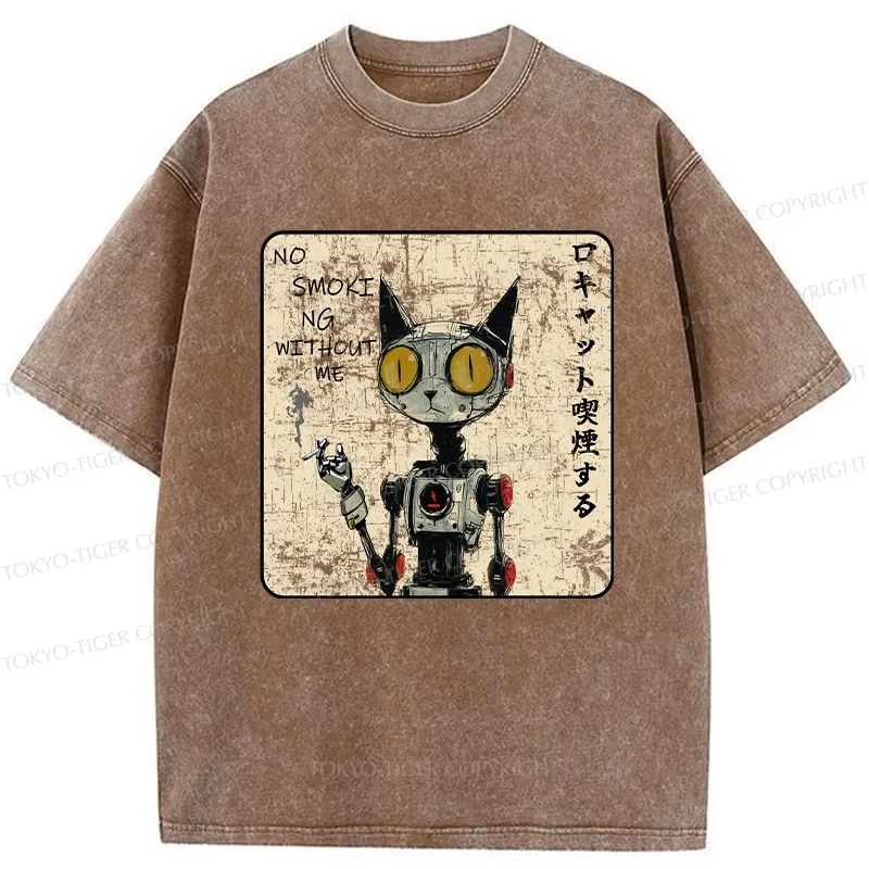 Tokyo-Tiger Smoking Robot Cat Washed T-Shirt