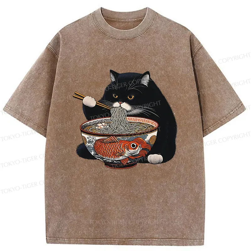 Tokyo-Tiger Fat Cat Eating Ramen Washed T-Shirt