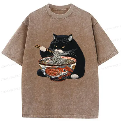 Tokyo-Tiger Fat Cat Eating Ramen Washed T-Shirt