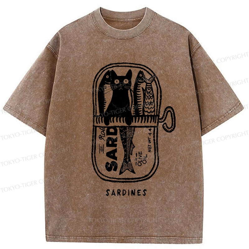 Tokyo-Tiger Cat Hiding In A Sardine Can Washed T-Shirt