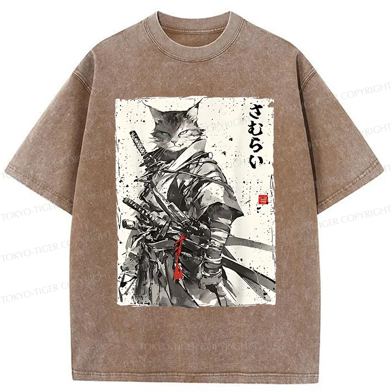 Tokyo-Tiger Retro Cat Samurai Washed T-Shirt