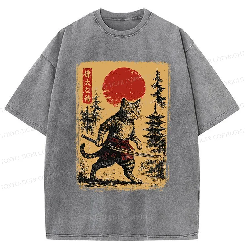 Tokyo-Tiger Stray Cat Samurai Washed T-Shirt