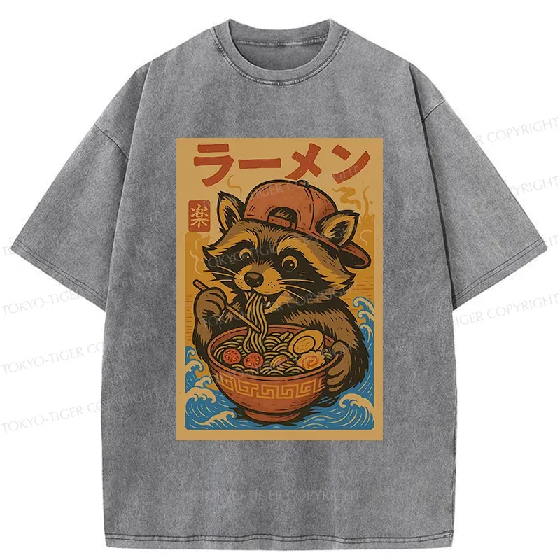 Tokyo-Tiger Cute Raccoon Eating Ramen Washed T-Shirt