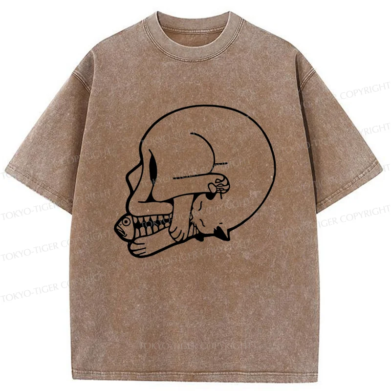 Tokyo-Tiger Funny Cat Eating Fish Washed T-Shirt