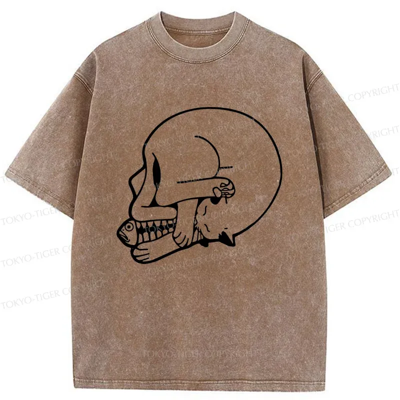 Tokyo-Tiger Funny Cat Eating Fish Washed T-Shirt