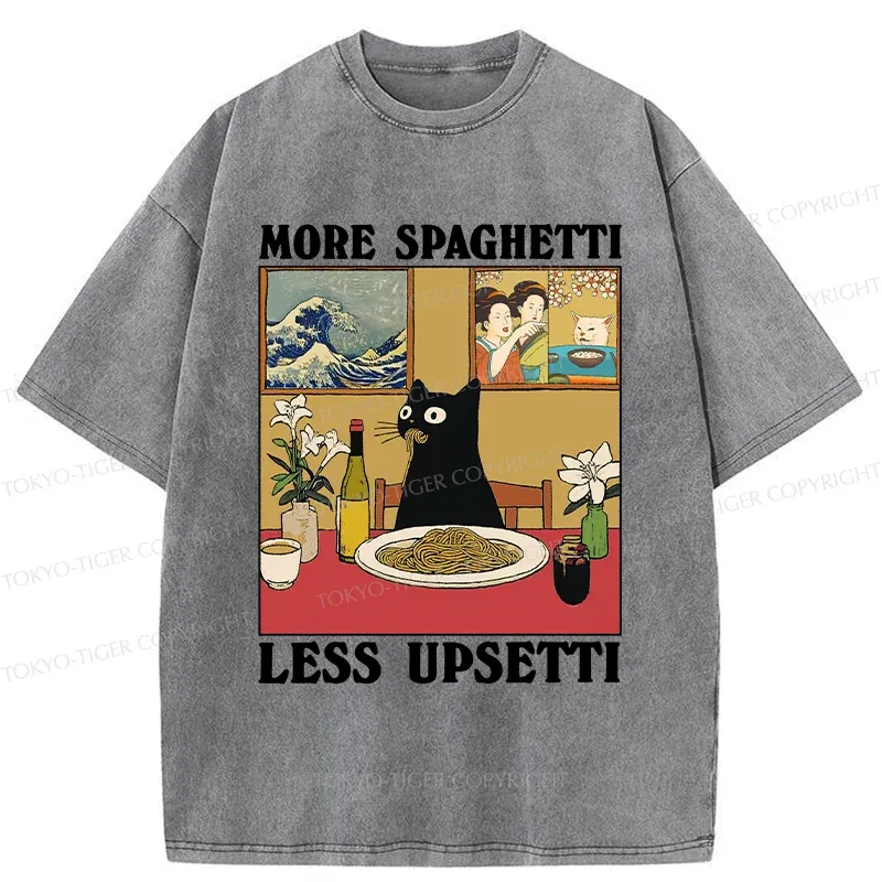 Tokyo-Tiger Cat Eating Pasta Washed T-Shirt