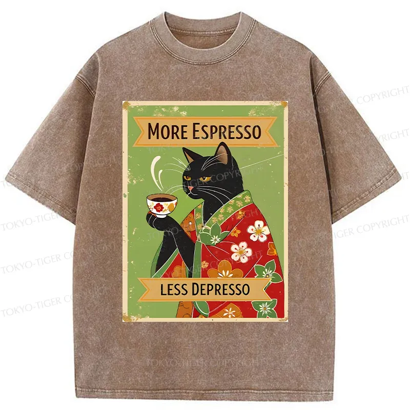 Tokyo-Tiger Cute Black Cat Drinking Coffee Washed T-Shirt