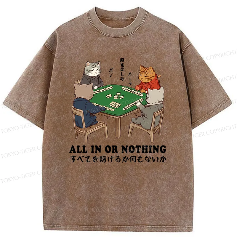 Tokyo-Tiger Cats Playing Mahjong Washed T-Shirt