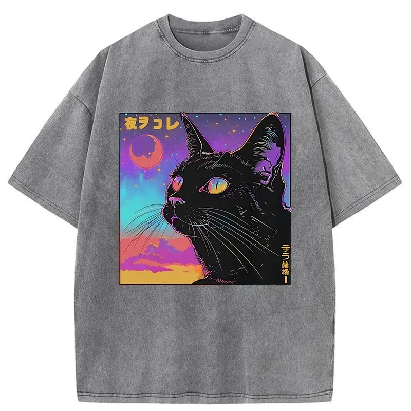 Tokyo-Tiger Cat Under The Stars Washed T-Shirt