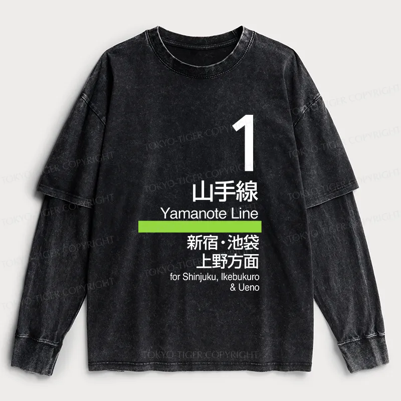 Tokyo-Tiger Tokyo Yamanote Line Platform Sign Washed Double Layer T-Shirt