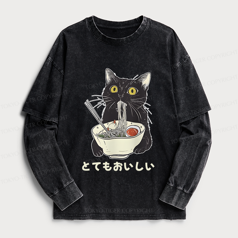 Tokyo-Tiger Cats Eat Ramen Noodles Washed Double Layer T-Shirt