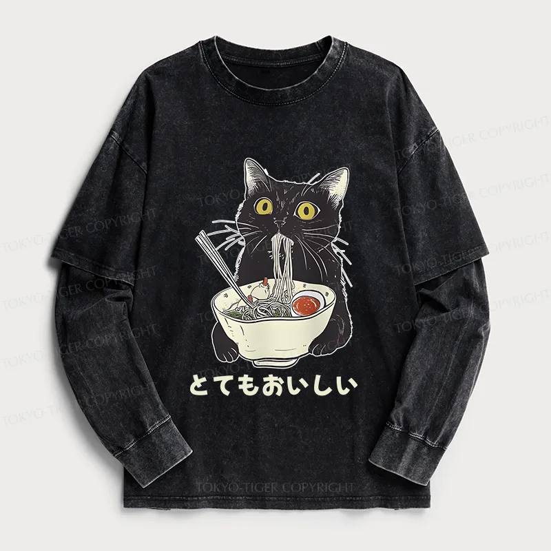 Tokyo-Tiger Cats Eat Ramen Noodles Washed Double Layer T-Shirt
