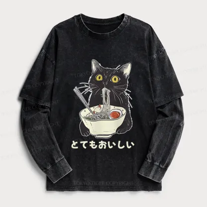 Tokyo-Tiger Cats Eat Ramen Noodles Washed Double Layer T-Shirt