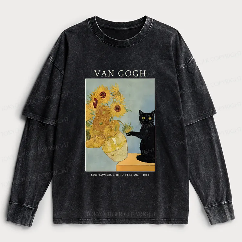 Tokyo-Tiger Black Cat With Sunflowers Washed Double Layer T-Shirt