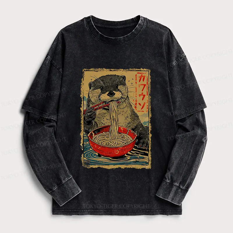 Tokyo-Tiger Otter Eating Ramen Japan Washed Double Layer T-Shirt