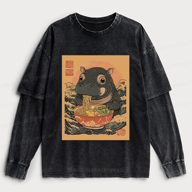 Tokyo-Tiger Moo Deng Eat Ramen Washed Double Layer T-Shirt