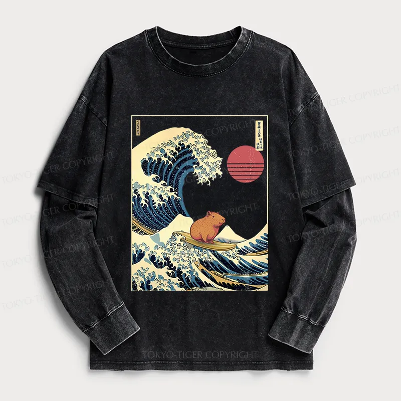 Tokyo-Tiger Capybara Surfing Washed Double Layer T-Shirt