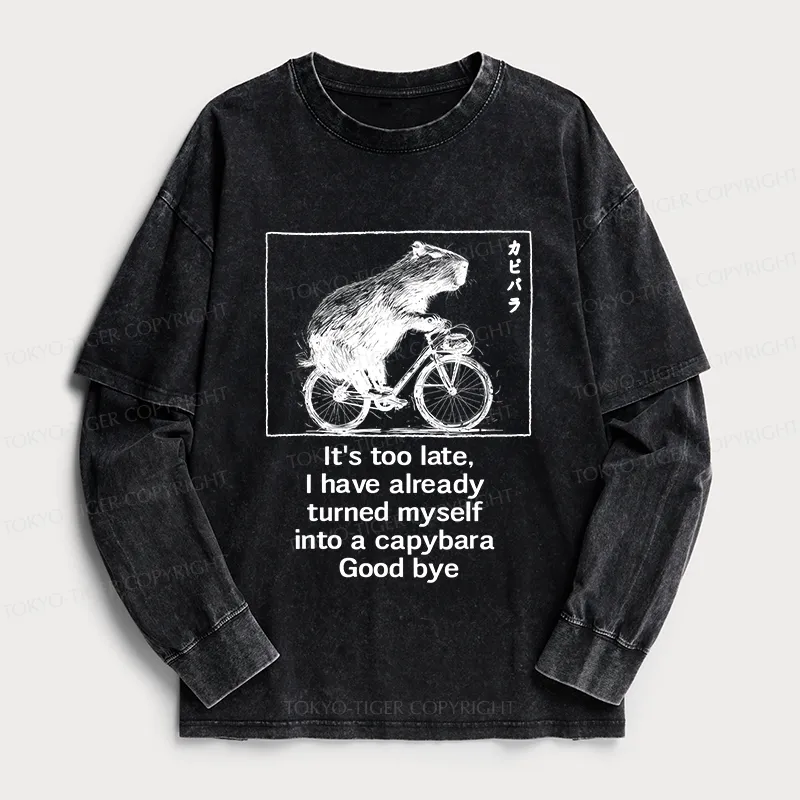 Tokyo-Tiger Funny Capybara Riding A Bicycle Washed Double Layer T-Shir