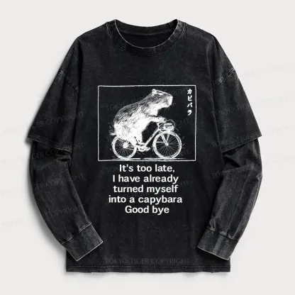 Tokyo-Tiger Funny Capybara Riding A Bicycle Washed Double Layer T-Shirt