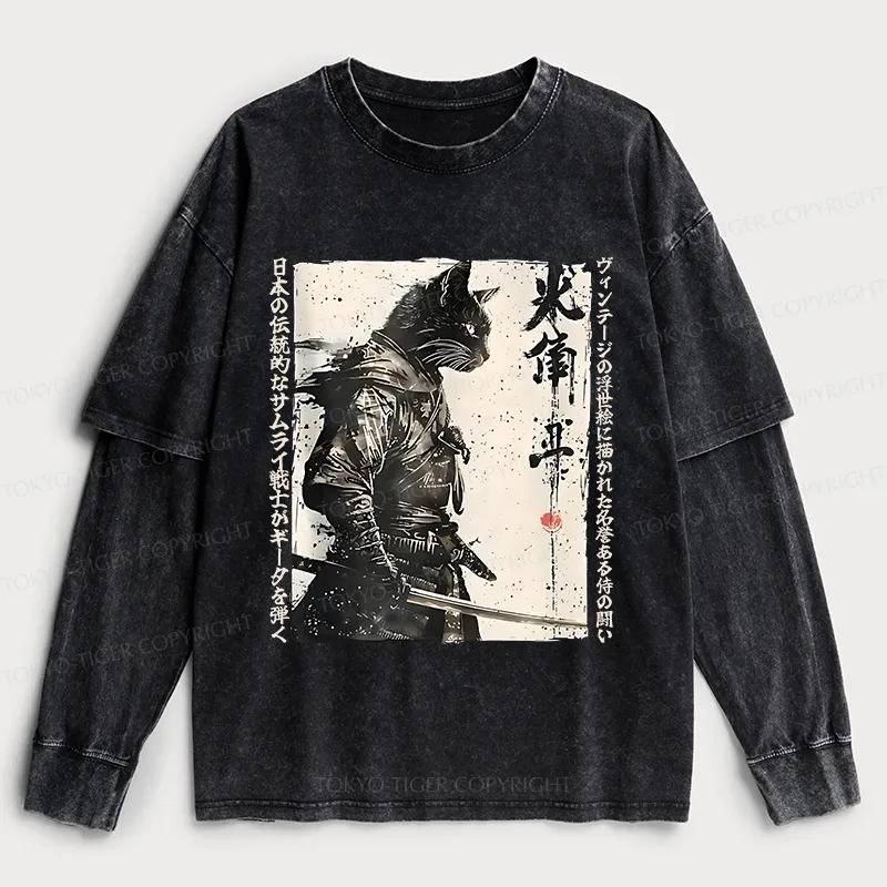 Tokyo-Tiger Cat Samurai Retro Washed Double Layer T-Shirt