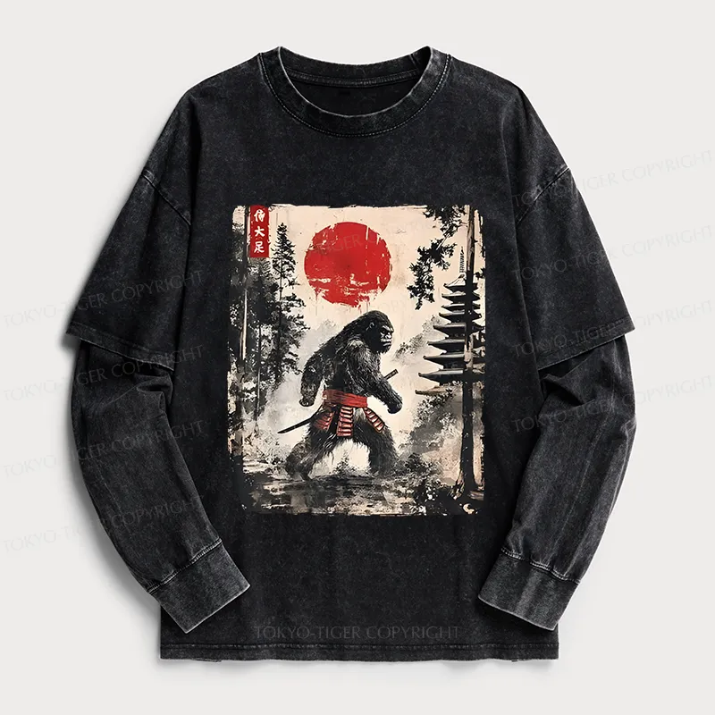 Tokyo-Tiger Japanese Samurai Bigfoot Washed Double Layer T-Shirt