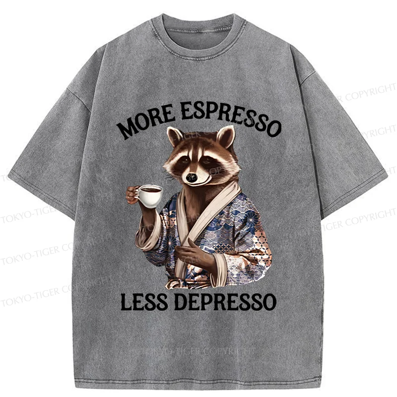 Tokyo-Tiger Raccoon Drinking Coffee Washed T-Shirt