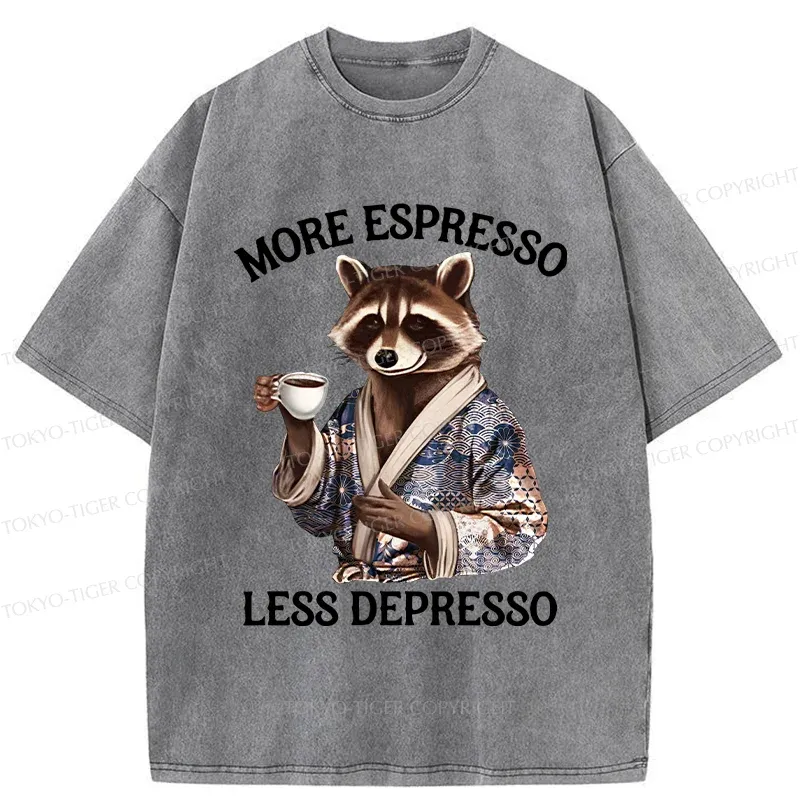 Tokyo-Tiger Raccoon Drinking Coffee Washed T-Shirt