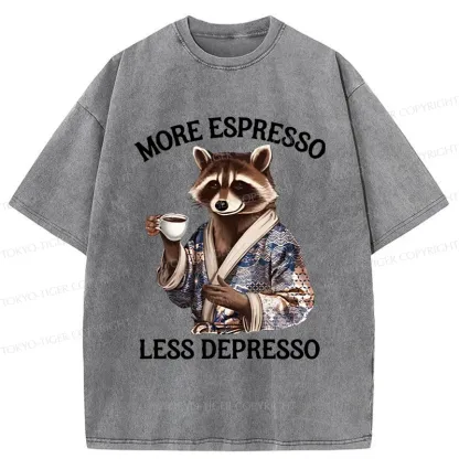 Tokyo-Tiger Raccoon Drinking Coffee Washed T-Shirt