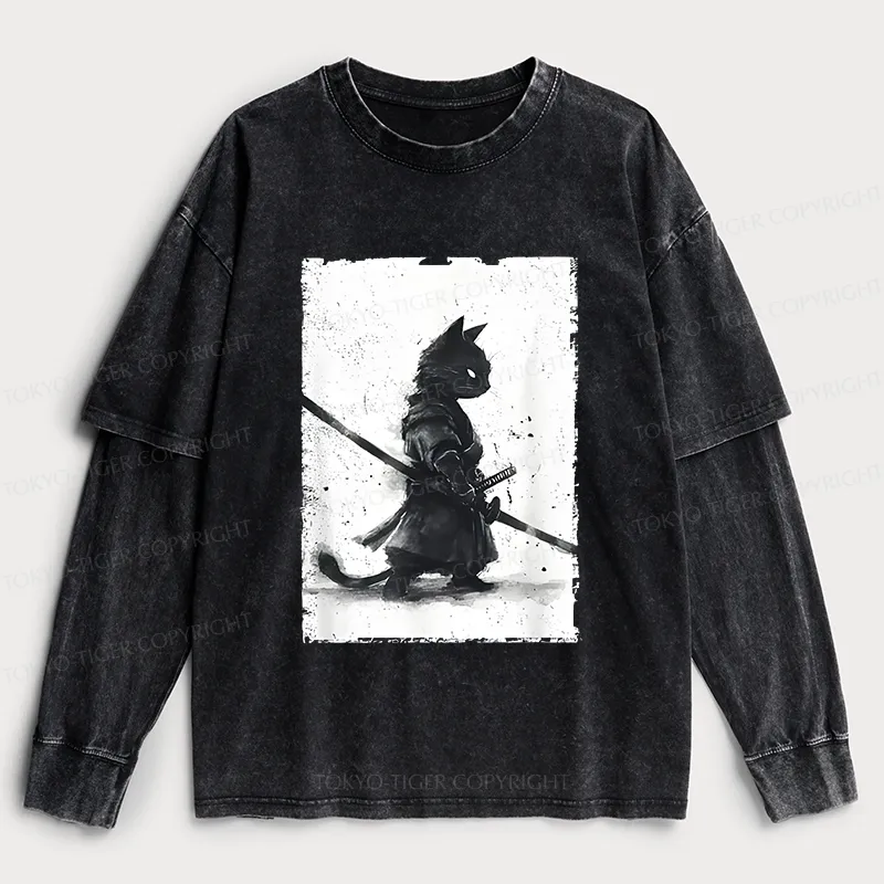 Tokyo-Tiger Retro Cat Samurai Japanese Washed Double Layer T-Shirt