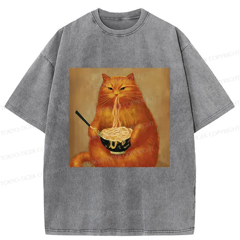 Tokyo-Tiger Cat Eating Ramen Japanese Retro Washed T-Shirt