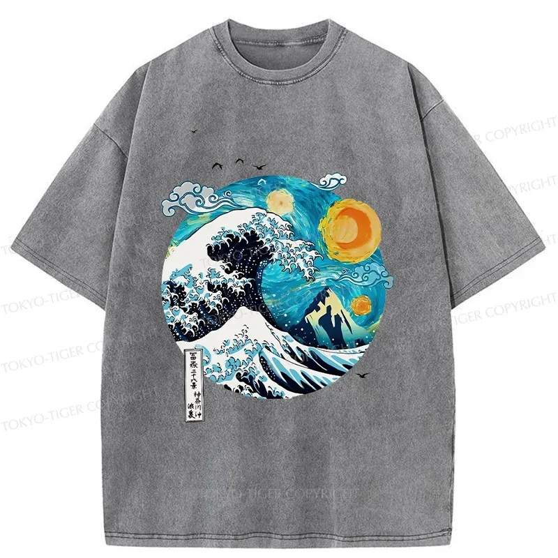 Tokyo-Tiger Waves Under The Starry Sky Washed T-Shirt