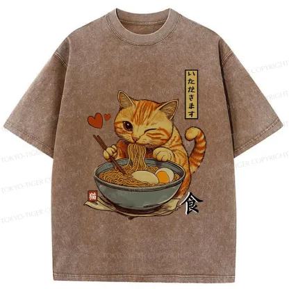 Tokyo-Tiger Cat Enjoying Eating Ramen Washed T-Shirt