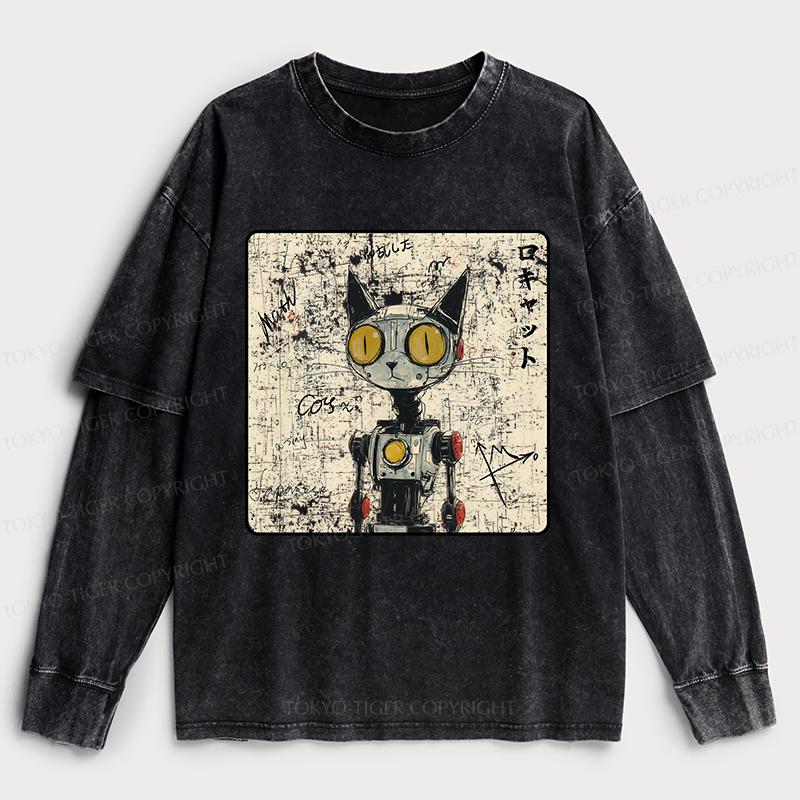 Tokyo-Tiger Robot Cat Washed Double Layer T-Shirt