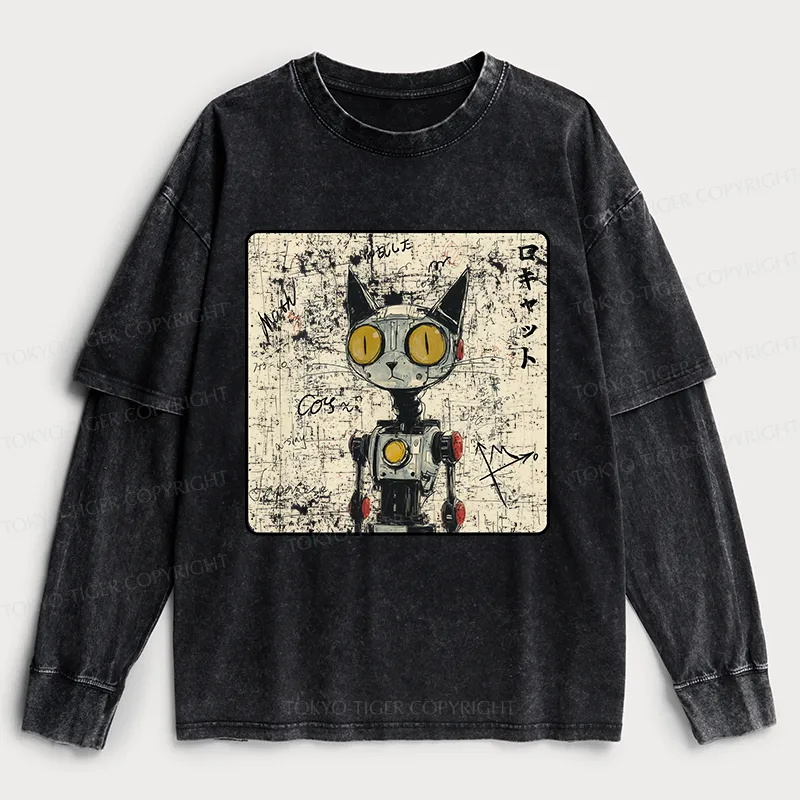 Tokyo-Tiger Robot Cat Washed Double Layer T-Shirt