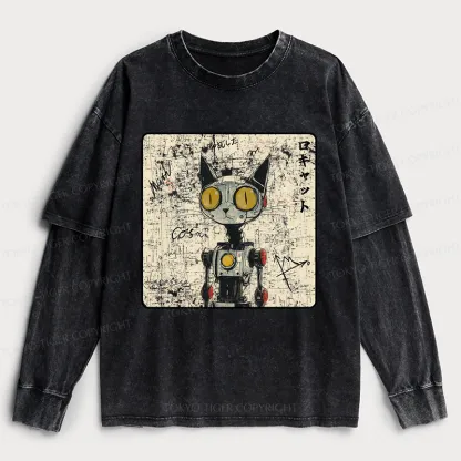 Tokyo-Tiger Robot Cat Washed Double Layer T-Shirt